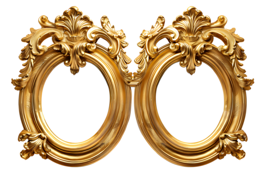 Antique baroque gold wooden double picture frame isolated on transparent background. Decorative elegant luxury frame design, rococo style. PNG, cutout.