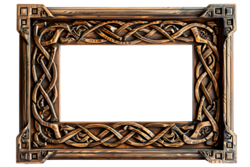Antique сeltic wooden rectangular picture frame isolated on transparent background. Decorative intricate detailed frame design, knot carvings style. PNG, cutout.