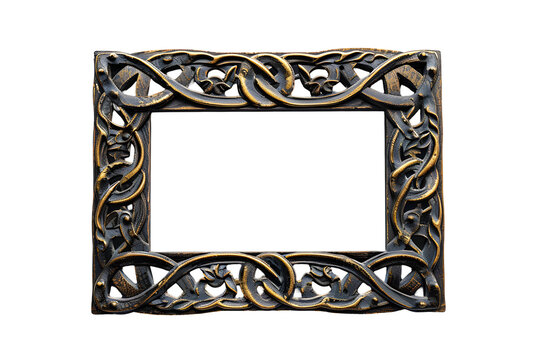 recommend clip art: Antique сeltic wooden rectangular picture frame isolated on transparent background. Decorative intricate detailed frame design, knot carvings style. PNG, cutout.