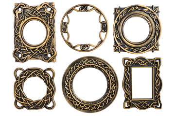 Set of antique сeltic wooden picture frames isolated on transparent background. Decorative intricate detailed frame design, knot carvings style. PNG, cutout.