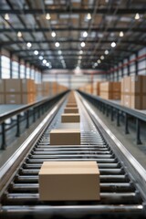 Fototapeta premium Conveyor belt in distribution warehouse with cardboard box packages for e-commerce delivery