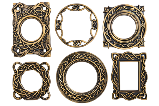 Set of antique сeltic wooden picture frames isolated on transparent background. Decorative intricate detailed frame design, knot carvings style. PNG, cutout.