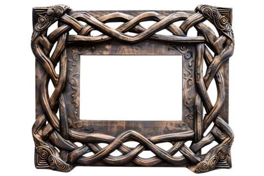 Antique сeltic wooden rectangular picture frame isolated on transparent background. Decorative intricate detailed frame design, knot carvings style. PNG, cutout.