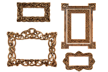 Set of antique сeltic wooden rectangular picture frames isolated on transparent background. Decorative intricate detailed frame design, knot carvings style. PNG, cutout.