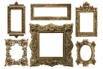 Set of antique сeltic wooden picture frames isolated on transparent background. Decorative intricate detailed frame design, knot carvings style. PNG, cutout.