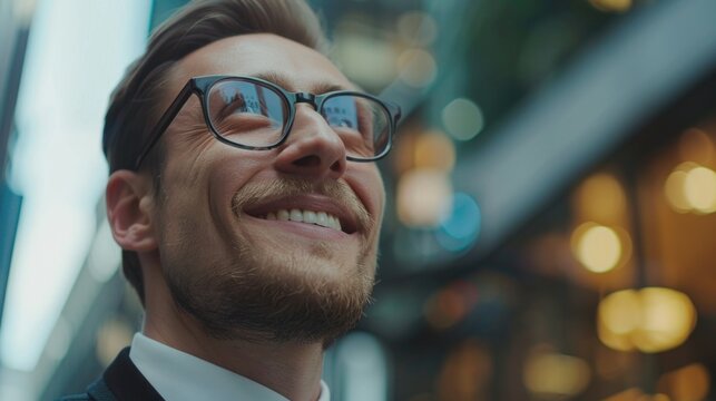 A happy businessman wearing glasses and a suit, ideal for corporate or professional settings
