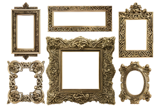 Set of antique сeltic wooden picture frames isolated on transparent background. Decorative intricate detailed frame design, knot carvings style. PNG, cutout.