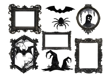 Set of antique halloween picture frames with holiday elements isolated on transparent background. Decorative spooky, mystery, horror scrapbooking objects design. PNG, cutout.