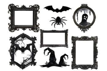 Set of antique halloween picture frames with holiday elements isolated on transparent background. Decorative spooky, mystery, horror scrapbooking objects design. PNG, cutout.