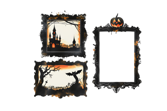 Halloween set of antique baroque black wooden rectangular picture frames isolated on transparent background. Decorative spooky, mystery, horror frame design. PNG, cutout.
