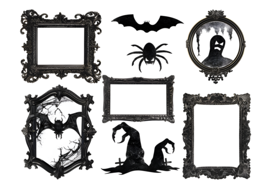 Set of antique halloween picture frames with holiday elements isolated on transparent background. Decorative spooky, mystery, horror scrapbooking objects design. PNG, cutout.