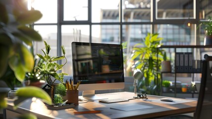 Working personal Office with a pc and beautiful plant interior