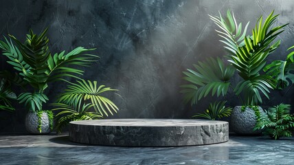 Stone podium for product presentation mockup with tropical leaves on dark background