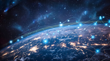 a stylized representation of Earth overlaid with a network grid. Against a backdrop of space, the Earth is portrayed in a non-realistic manner