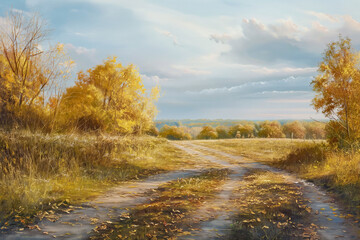 Fototapeta premium Autumn landscape with golden trees in the meadow oil painting