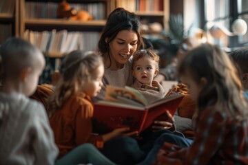Obraz premium A caring teacher engrossed in reading a storybook to attentive children in a classroom