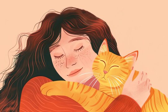 illustration of woman with closed eyes hugging adorable orange tabby cat. Artwork concept for feline lovers and international cat day.