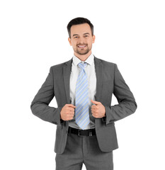Smiling businessman in suit on white background