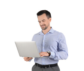 Handsome businessman using laptop on white background