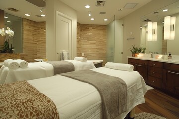 Fototapeta premium Serene Spa Treatment Room With Two Massage Tables Ready For Relaxation