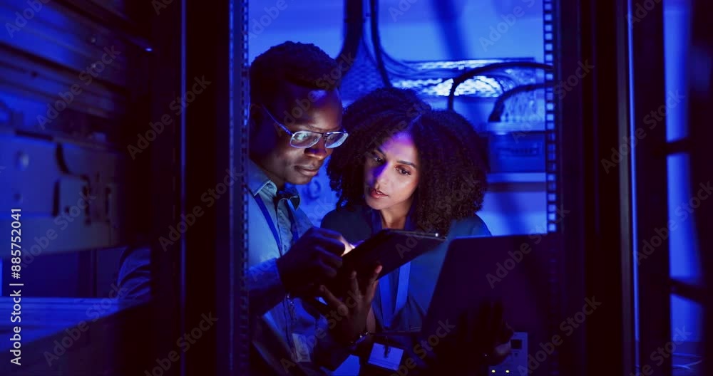 Poster people, technology or coding in server room as software engineer or teamwork for cybersecurity in da