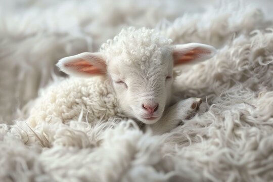 Serene newborn lamb sleeping on a soft, woolen surface, embodying innocence and tranquility
