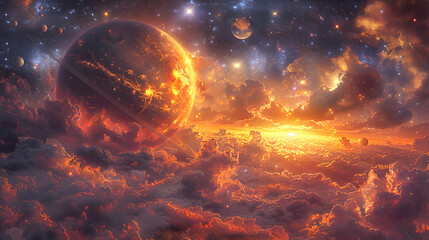  A solar planet in a vibrant cosmic scene with multiple moons and stars