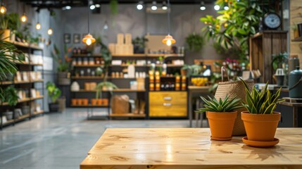Modern Plant Store with Wooden Shelves and Greenery