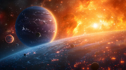 Obraz premium A solar planet in a vibrant cosmic scene with multiple moons and stars