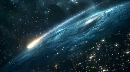  A solar planet in the cosmos with a bright comet streaking across the sky