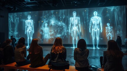 Visitors Watch Anatomy Projections at a Museum Exhibit