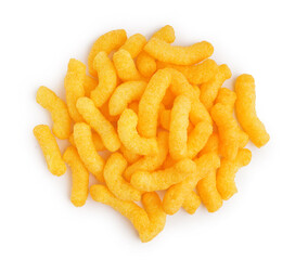 Pile of tasty salty corn sticks on white background