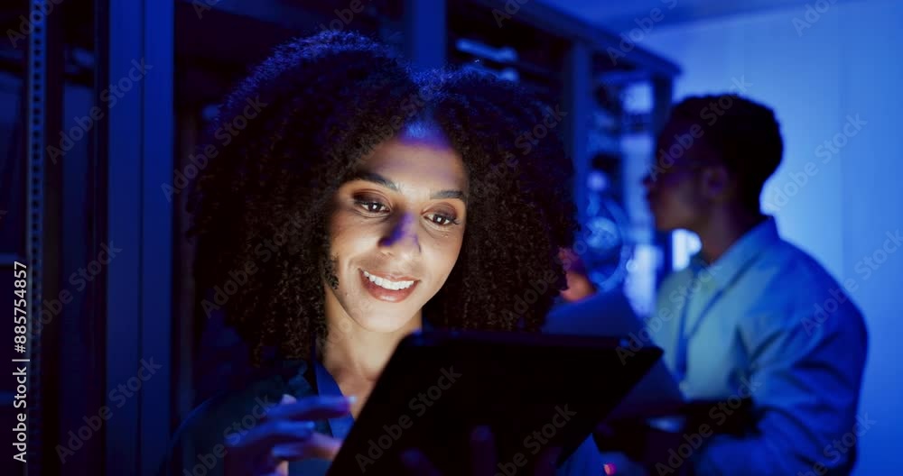 Poster black woman, tablet and server room with neon light with digital tech for browse, search and interne