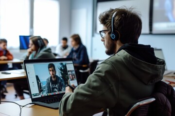 Virtual classroom with attentive students engaging in an online lesson on their laptops