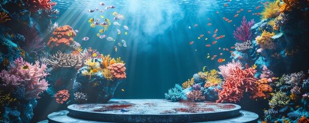 Bright and colorful underwater reef scene with vibrant corals and fish