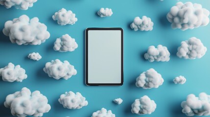 Tablet in a whimsical cloud-filled sky with blue background in pop-art style