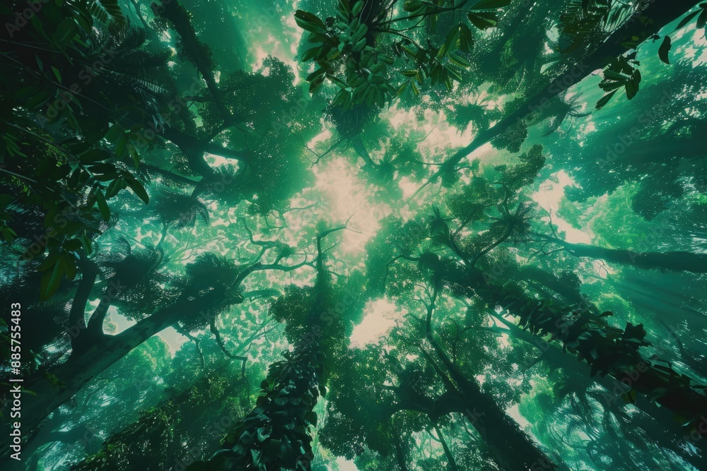 Poster a serene scene with sunlight shining through the trees in a dense forest, suitable for use as a back
