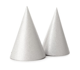 Two silver party hats on white background