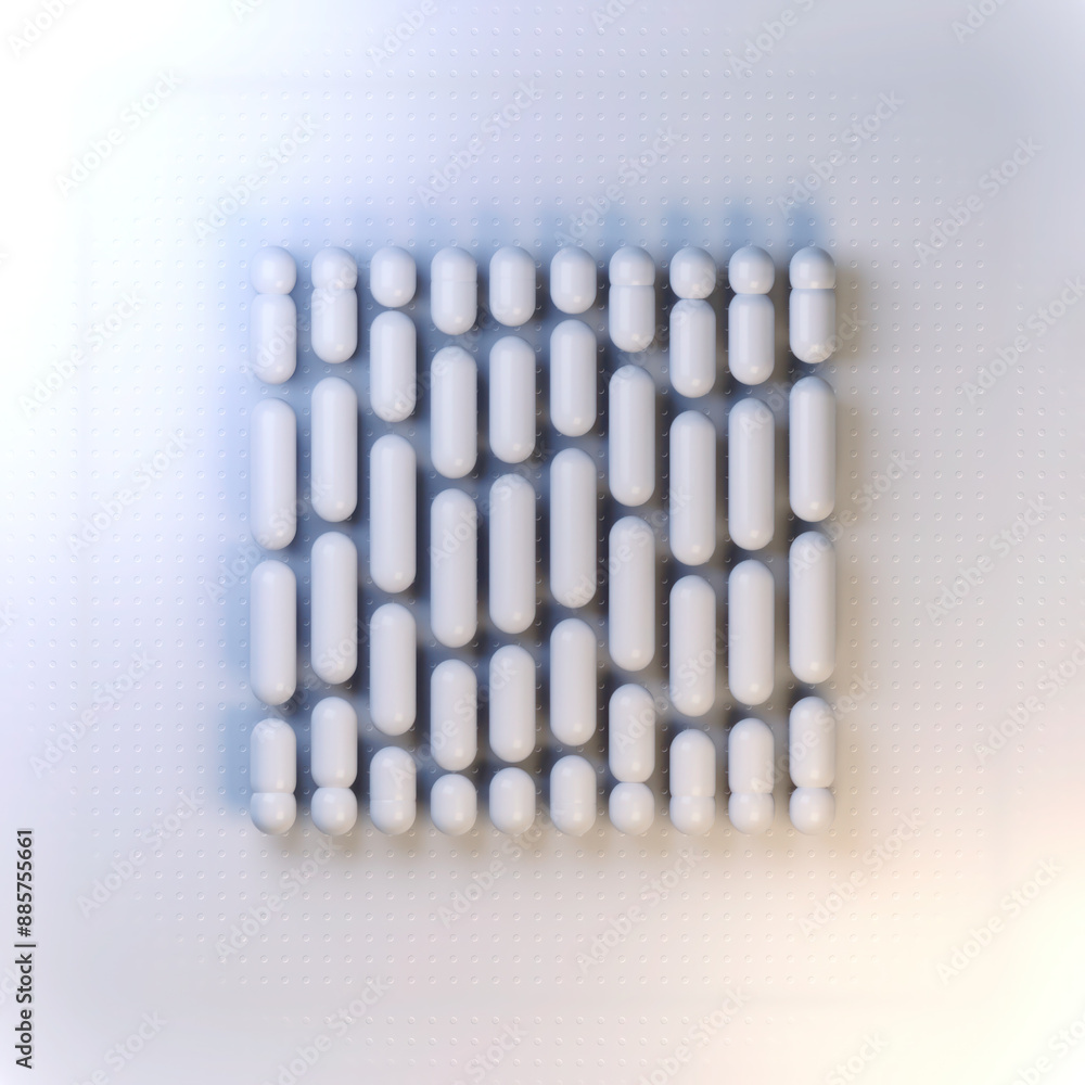 Fototapete Digital illustration of a group of white glossy capsules arranged in a square shape. 3d rendering