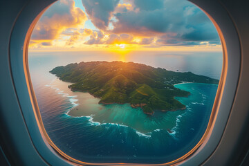 Naklejka premium Green tropical island view from an airplane window aerial shot