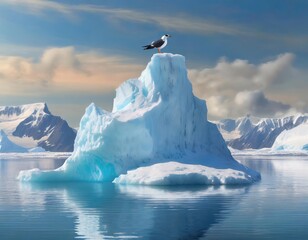 A solitary bird perches atop a towering iceberg in a serene polar landscape