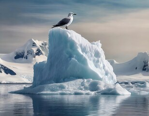 A solitary bird perches atop a towering iceberg in a serene polar landscape