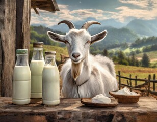 A fluffy white goat next to an old wooden table with bottles of fresh milk and bowls of cream against a rural background.