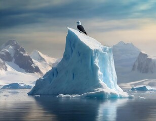 A solitary bird perches atop a towering iceberg in a serene polar landscape