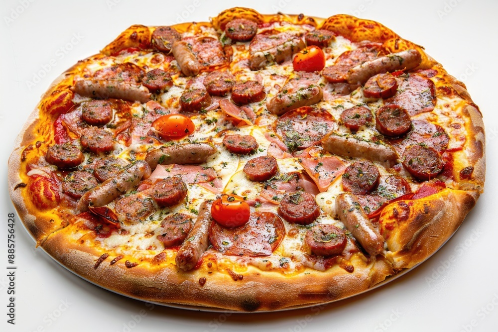 Poster a slice of pizza sits on a clean white table with a simple background