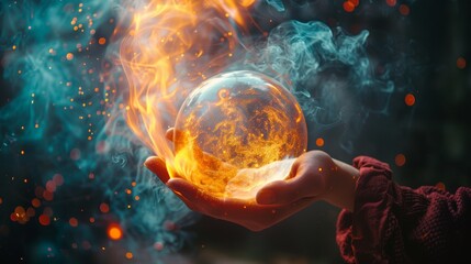 Hand Holding Fireball with Smoke and Sparks