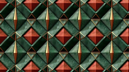 Luxurious abstract geometric pattern with rich green, red and gold tones, featuring intricate details and a plush texture