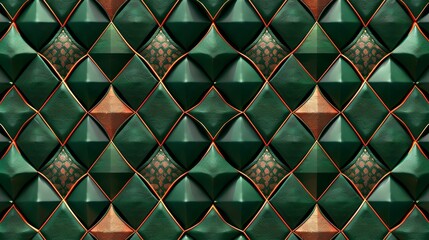Luxurious abstract geometric pattern with rich green, red and gold tones, featuring intricate details and a plush texture