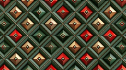 Luxurious abstract geometric pattern with rich green, red and gold tones, featuring intricate details and a plush texture