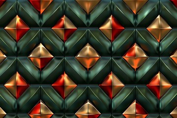 Luxurious abstract geometric pattern with rich green, red and gold tones, featuring intricate details and a plush texture
